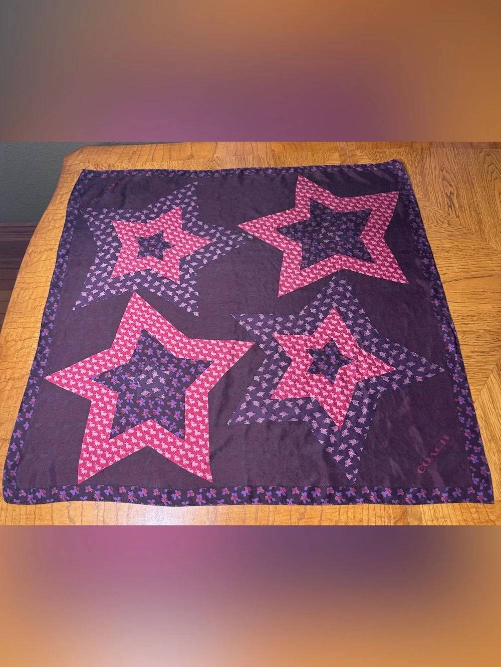 VERY RARE COACH SIGNATURE LUCKY STAR PATCHWORK SILK SQUARE XLARGE SCARF
